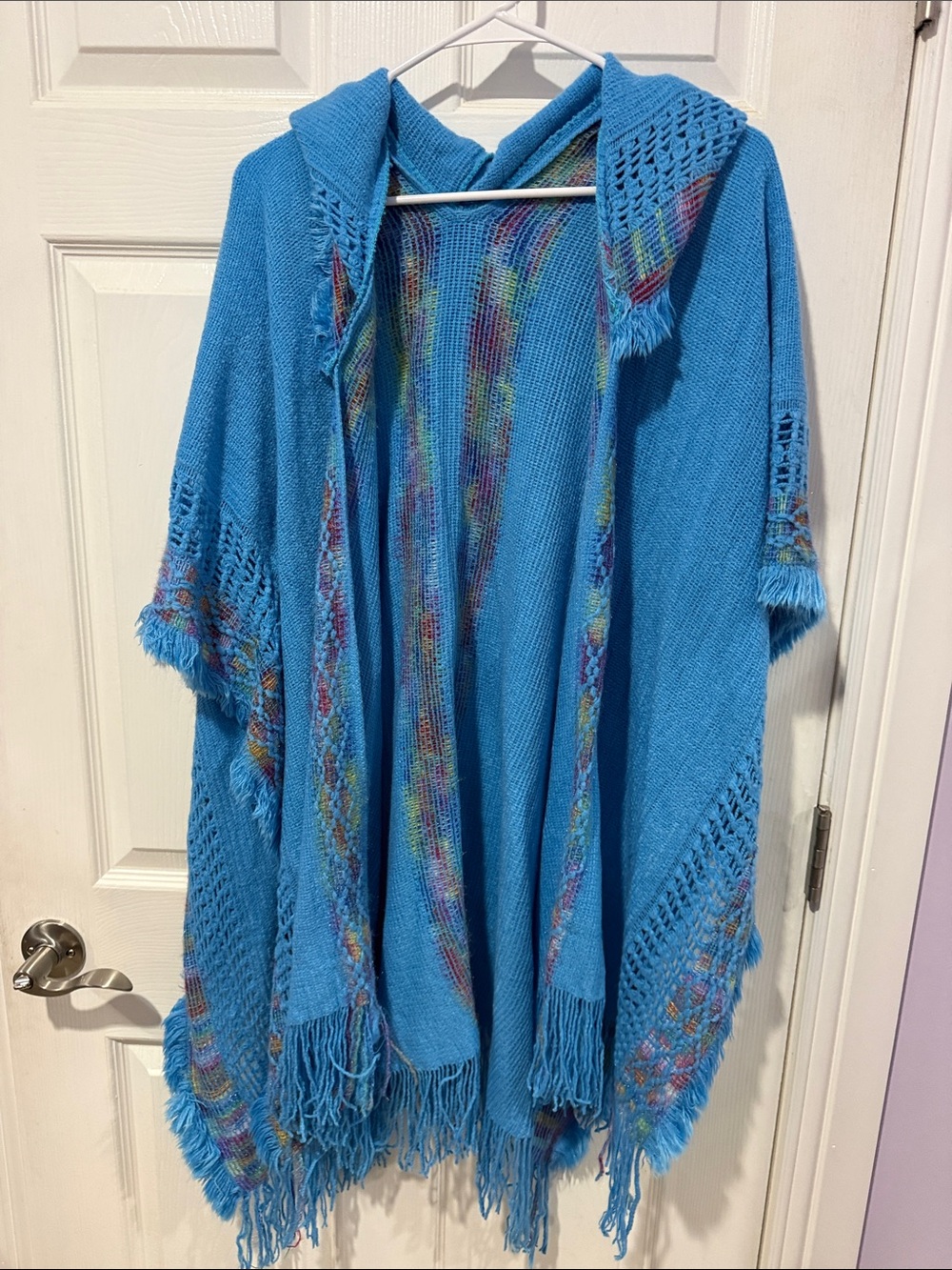 Blue Hooded Knit Poncho with Fringe